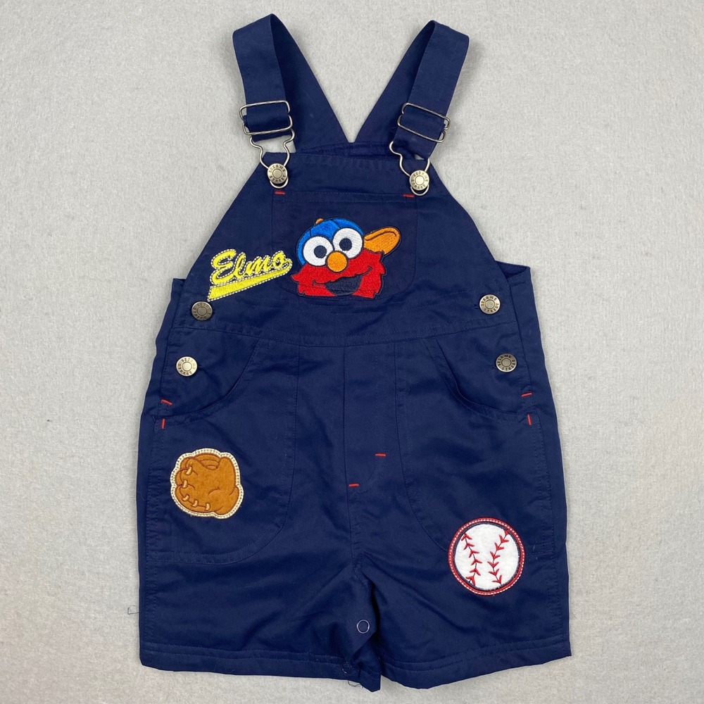 Vintage Sesame Street Elmo Baseball Navy Blue Short Overalls 18M Shortalls